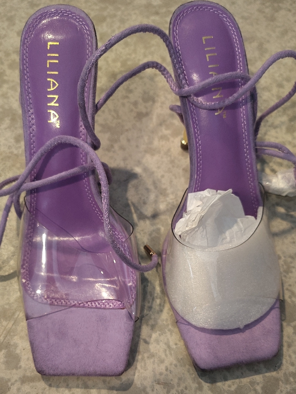Liliana Purple Clear-Strap Lace-Up Block Heels